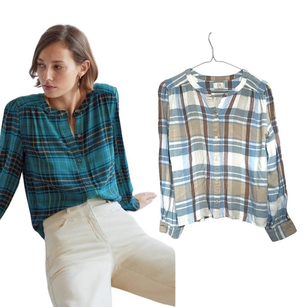 Aritzia little moon plaid Calla Button-Up collarless shirt